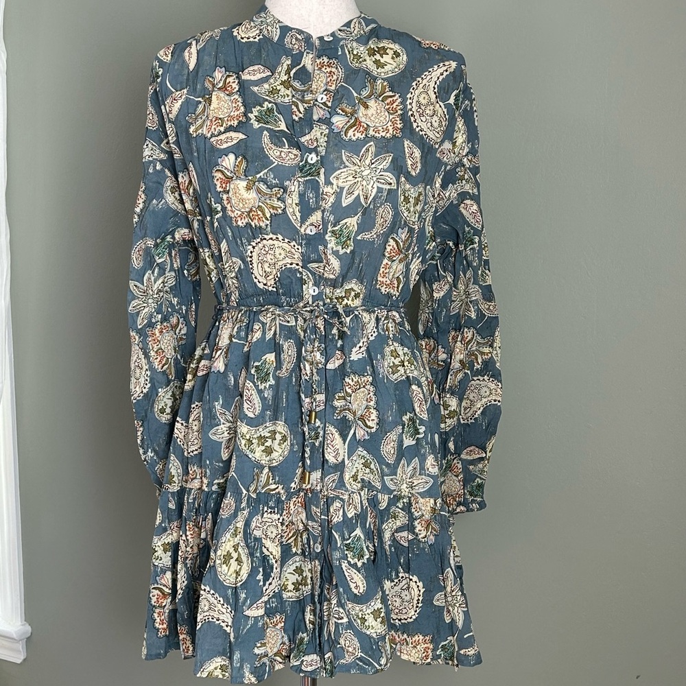 NWT bishop + young Cameron tiered dress mini long sleeve floral dress blue small